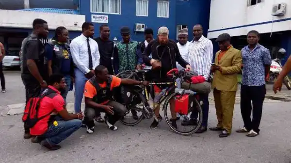 Photos: Man Who Rode Bicycle From Denmark to Nigeria Lands in Calabar